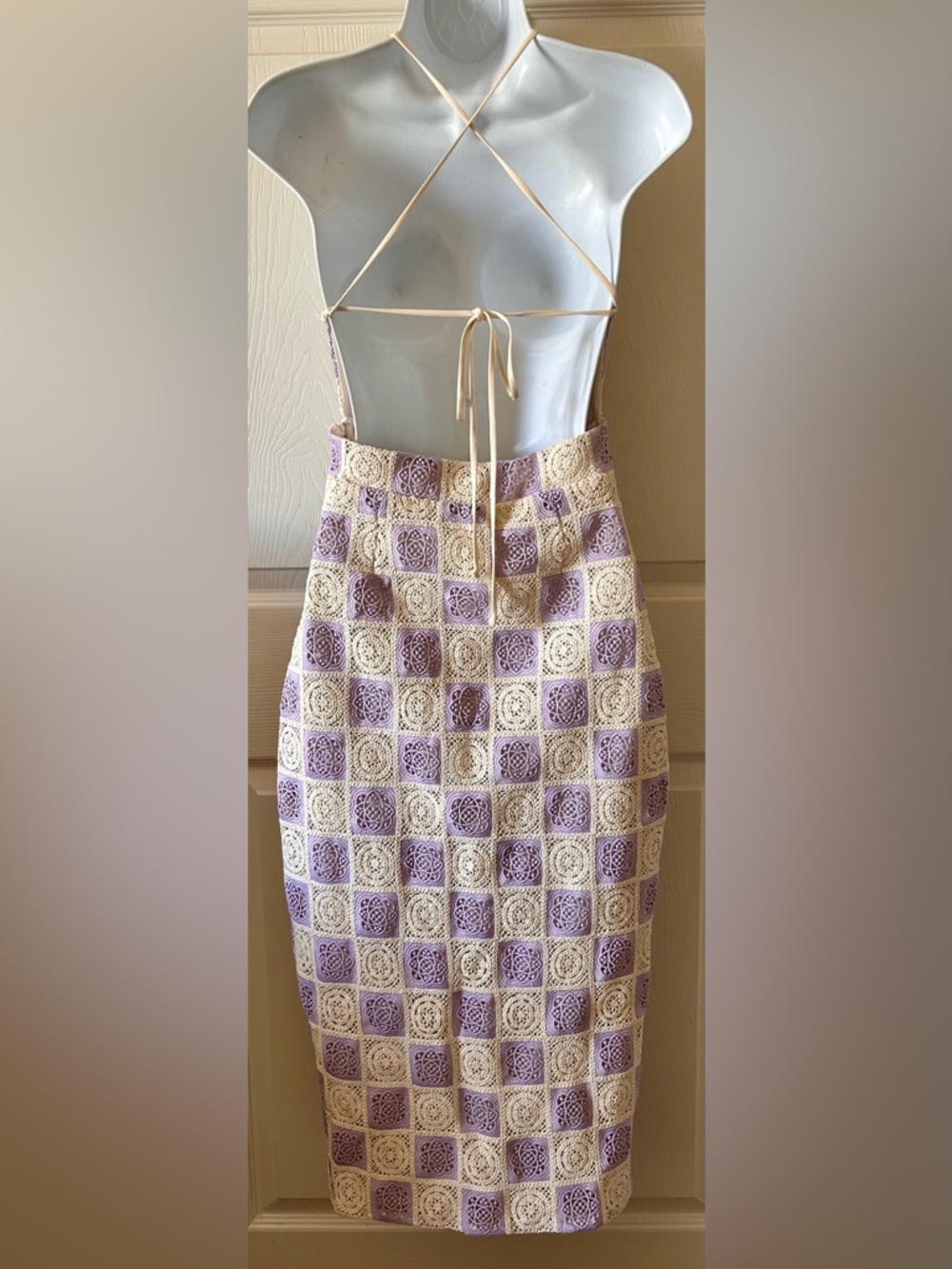 FORE COLLECTION Lilac/Cream Checkered Crochet Halter Dress Spring Wedding Guest‎ - Picture 11 of 13